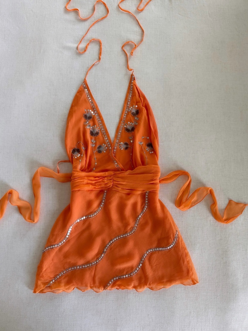 Vintage Carole Little 100% Silk Beaded Halter Top Orange Embroidered Size S